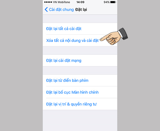 Xóa tất cả nội dung và cài đặt